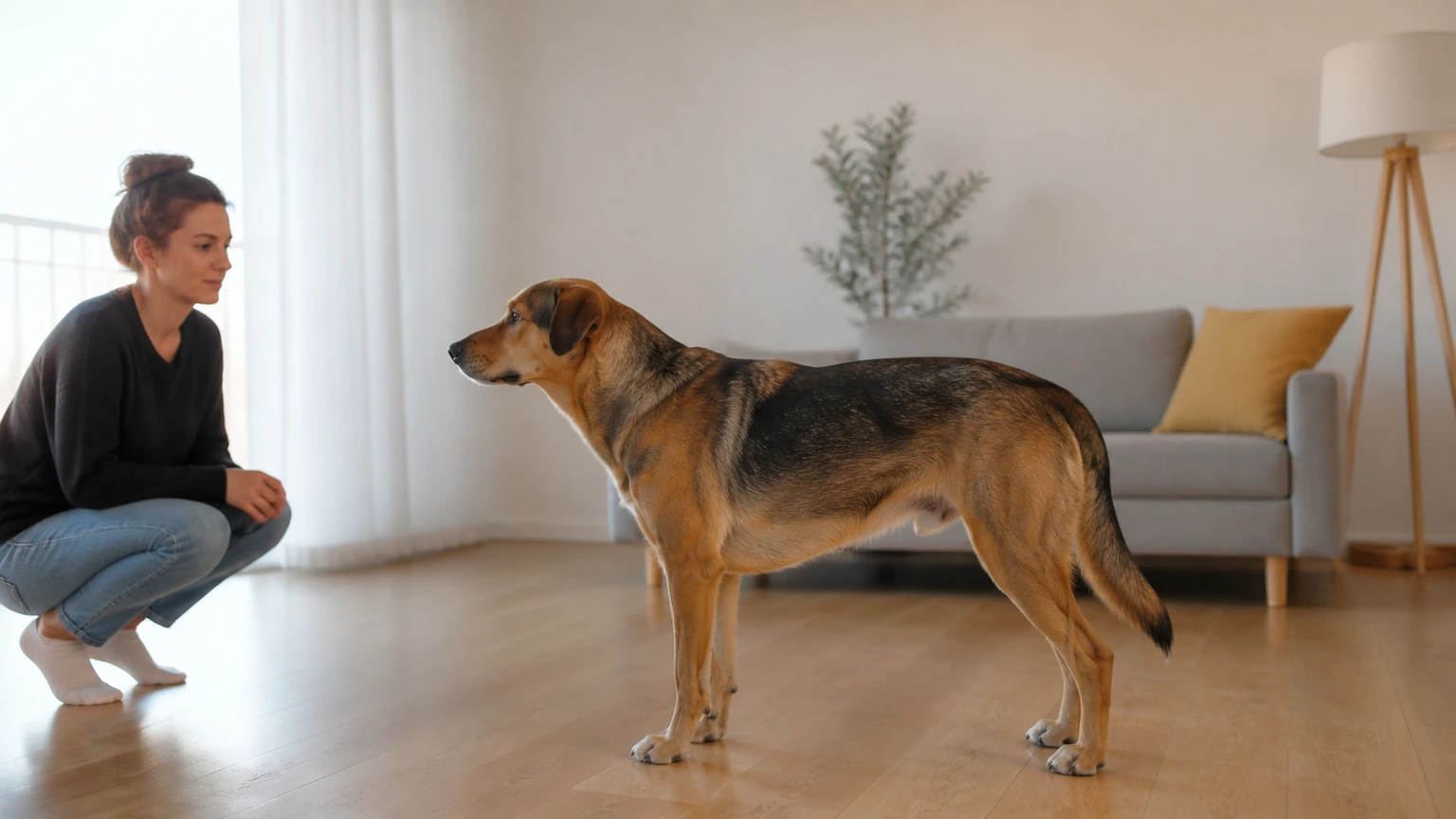 chien adulte debout calmement de profil dans un salon lumineux, humain accroupi à distance qui observe sa silhouette sans le manipuler, cadrage horizontal sobre, lumière douce de matinée, aucun texte, logo, écran, document, panneau, étiquette ou packaging