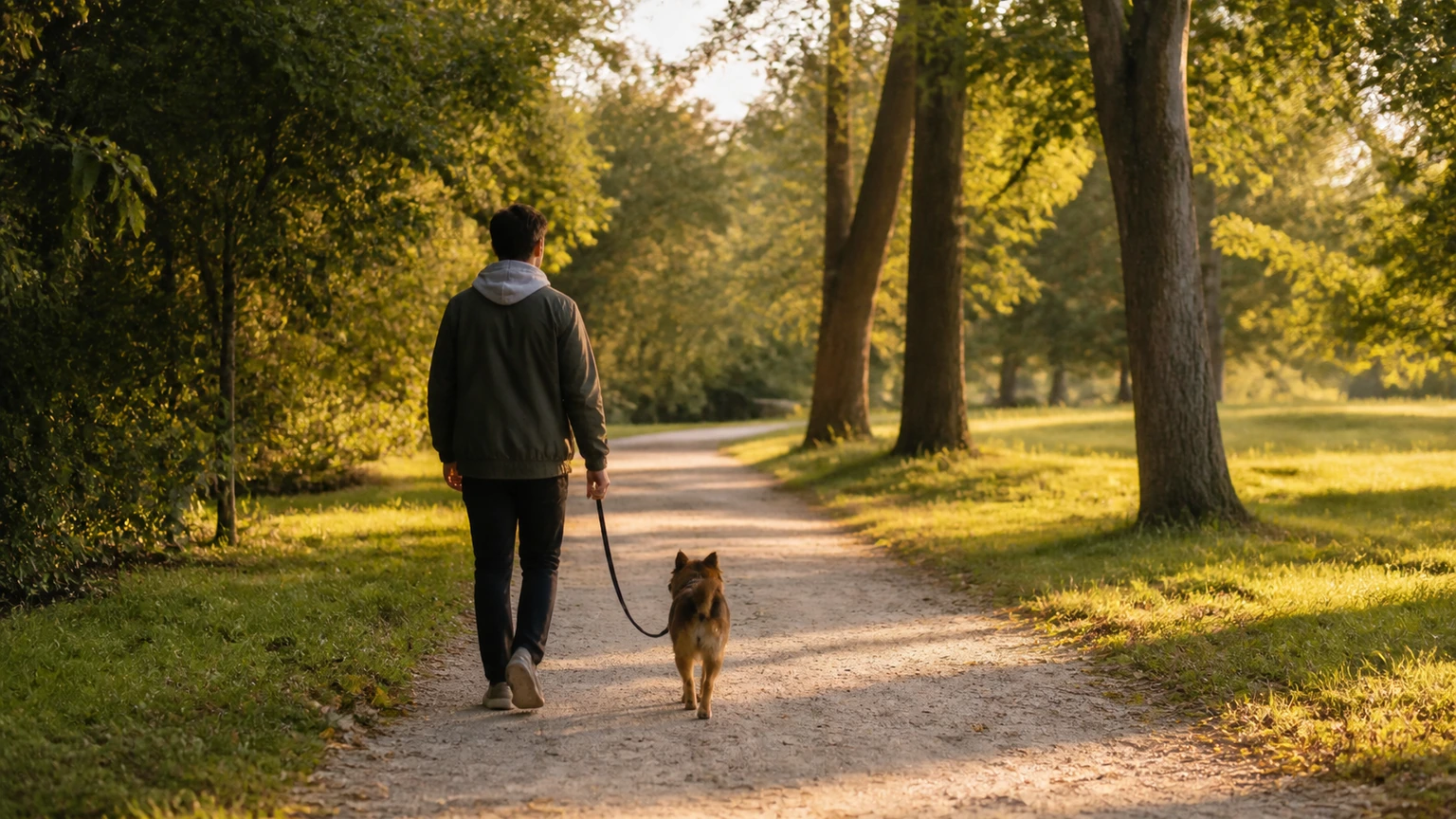 chien et son humain au retour d’une promenade tranquille sur un sentier de parc, vue de dos avec laisse détendue, lumière dorée de fin de journée, scène quotidienne crédible, aucun texte, logo, interface, écran, document, panneau, étiquette ou emballage