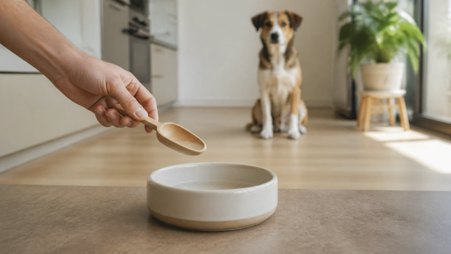 vue plongeante sur une cuisine, main adulte utilisant une petite mesure neutre au-dessus d’une gamelle vide, chien patient assis au second plan, éclairage naturel, aucun texte, logo, écran, document, panneau, étiquette, packaging, diagramme ou abstraction