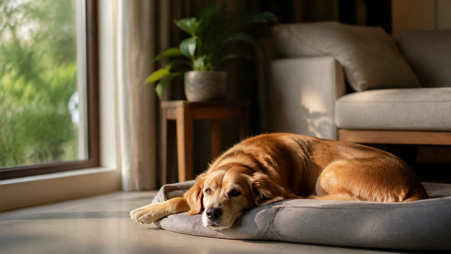 chien adulte profondément détendu sur un couchage simple dans un angle calme d’un salon familial, lumière douce de fin d’après-midi, végétation extérieure floue par la fenêtre, cadrage large à hauteur du chien, aucun texte, logo, écran, document, panneau, étiquette ou packaging