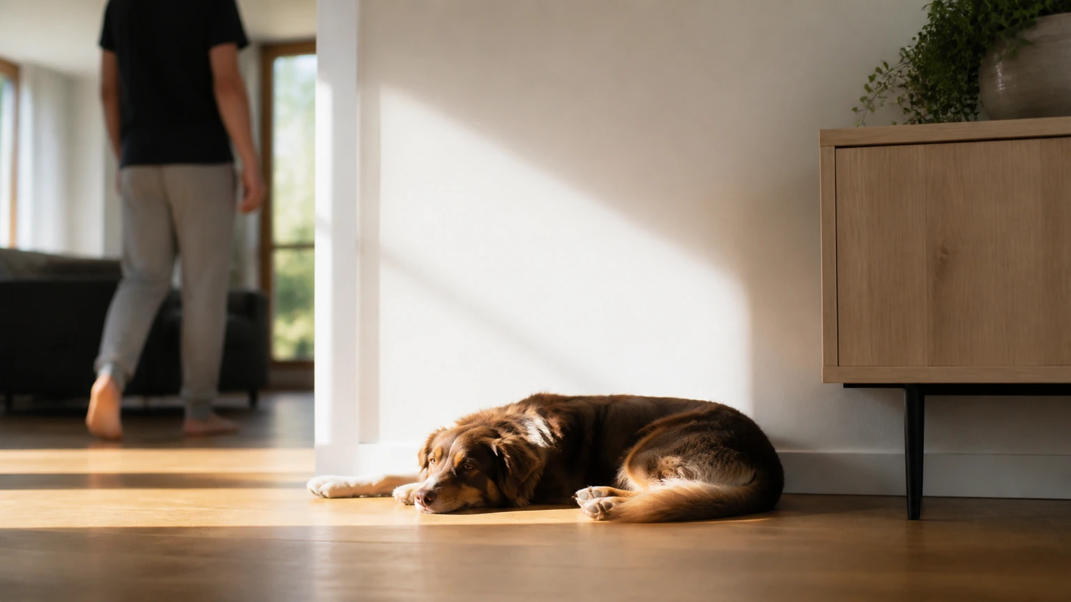 chien choisissant de s’allonger dans un coin lumineux près d’une bibliothèque sobre, humain passant discrètement au loin sans le solliciter, cadrage horizontal naturel, lumière de matinée, aucun texte, logo, interface, écran, document, panneau, étiquette ou emballage