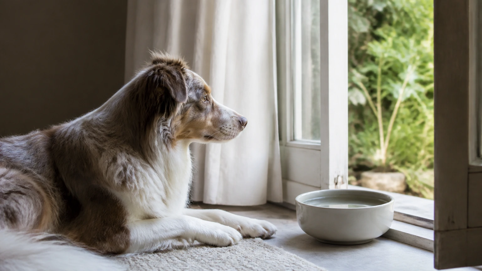 intérieur estival, chien reposant près d’une porte-fenêtre entrouverte dans une zone ombragée avec bol d’eau neutre à proximité, vue latérale calme, lumière claire non dure, aucun texte, logo, écran, document, panneau, étiquette, packaging, diagramme ou abstraction