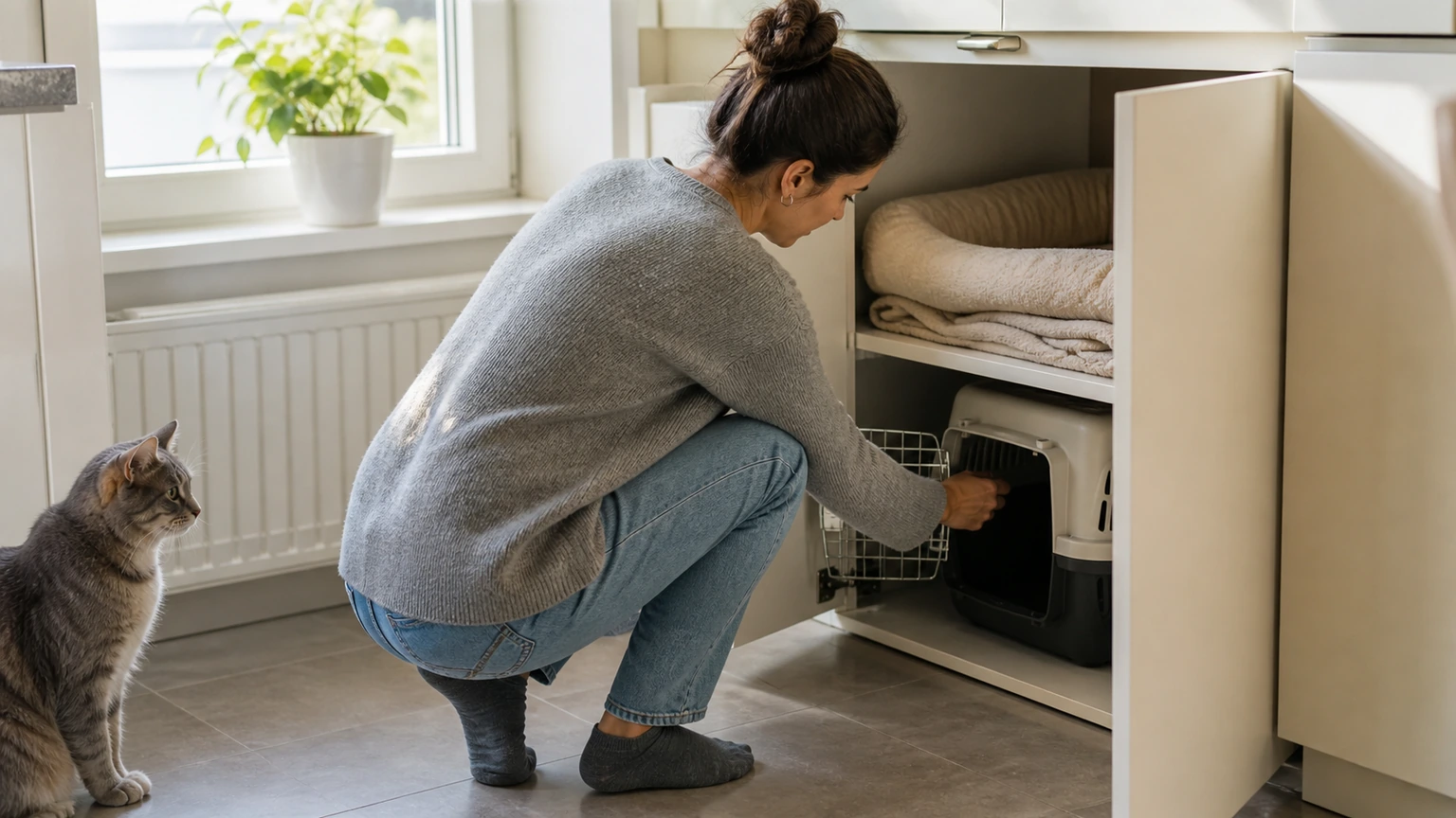 humain assis à une table de cuisine sobre avec son chat calme à côté, il range des documents neutres dans une chemise sans aucun texte lisible, lumière naturelle du matin, cadrage horizontal intime, aucun logo, écran, interface, panneau, étiquette ou packaging