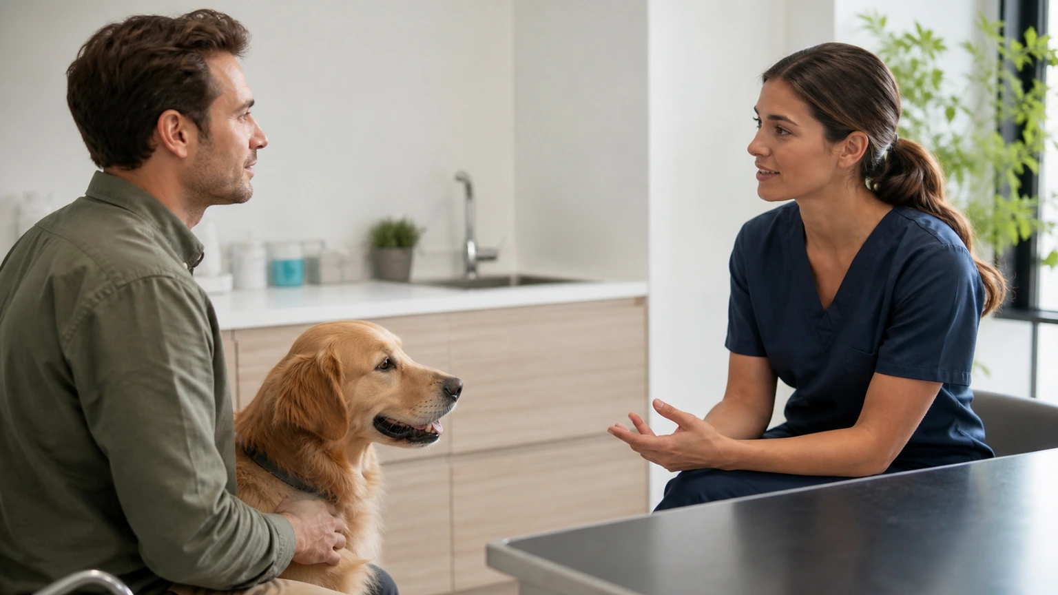 vétérinaire accueillant un chien et son humain dans une salle de consultation lumineuse, échange attentif et calme, plan moyen latéral, matériel clinique flou sans marque, aucun texte, logo, écran, document, panneau, étiquette ou emballage