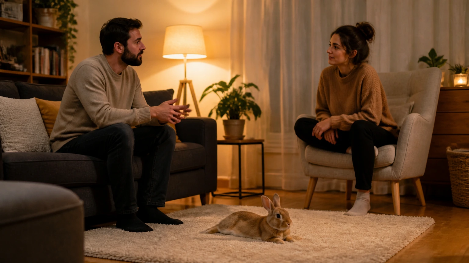 couple adulte discutant calmement à domicile pendant que leur lapin se repose dans un espace sûr au sol, cadrage large chaleureux de soirée, scène de réflexion réaliste, aucun texte, logo, écran, document, panneau, étiquette, packaging, diagramme ou abstraction