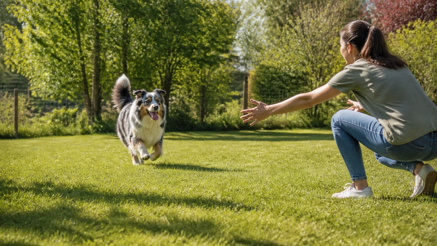 chien adulte revenant joyeusement vers son humain dans un jardin clos, humain accroupi bras ouverts, vue large au niveau du sol, lumière de printemps douce, mouvement naturel, aucun texte, logo, écran, document, panneau, étiquette ou packaging