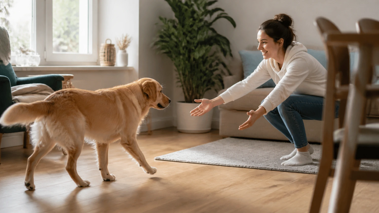 intérieur de salon dégagé, chien avançant de quelques pas vers une personne souriante qui l’appelle calmement, cadrage latéral moyen, lumière de fenêtre, scène éducative discrète, aucun texte, logo, interface, écran, document, panneau, étiquette ou emballage