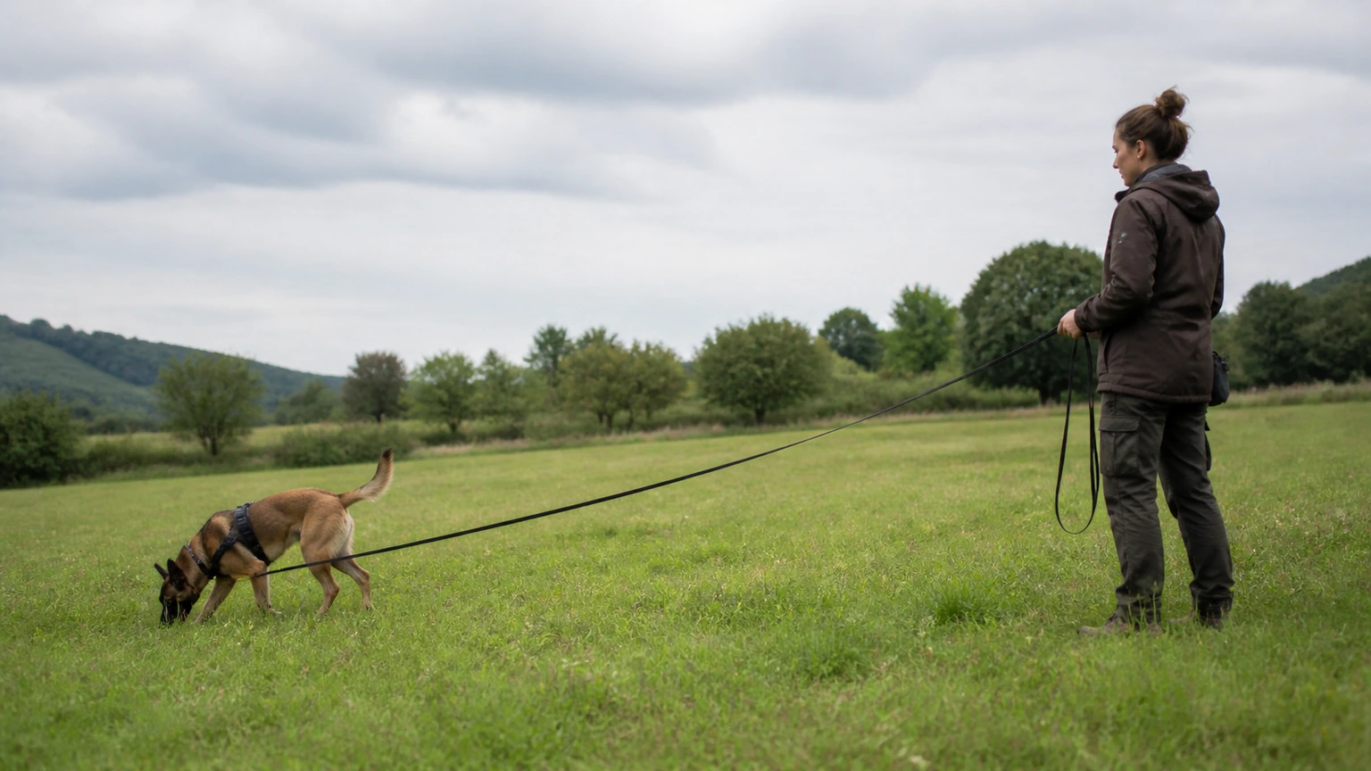 chien en harnais sur une longue longe dans une prairie ouverte et calme, humain attentif tenant la longe souplement, vue panoramique, ciel légèrement couvert, aucun texte, logo, écran, document, panneau, étiquette, packaging, diagramme ou abstraction