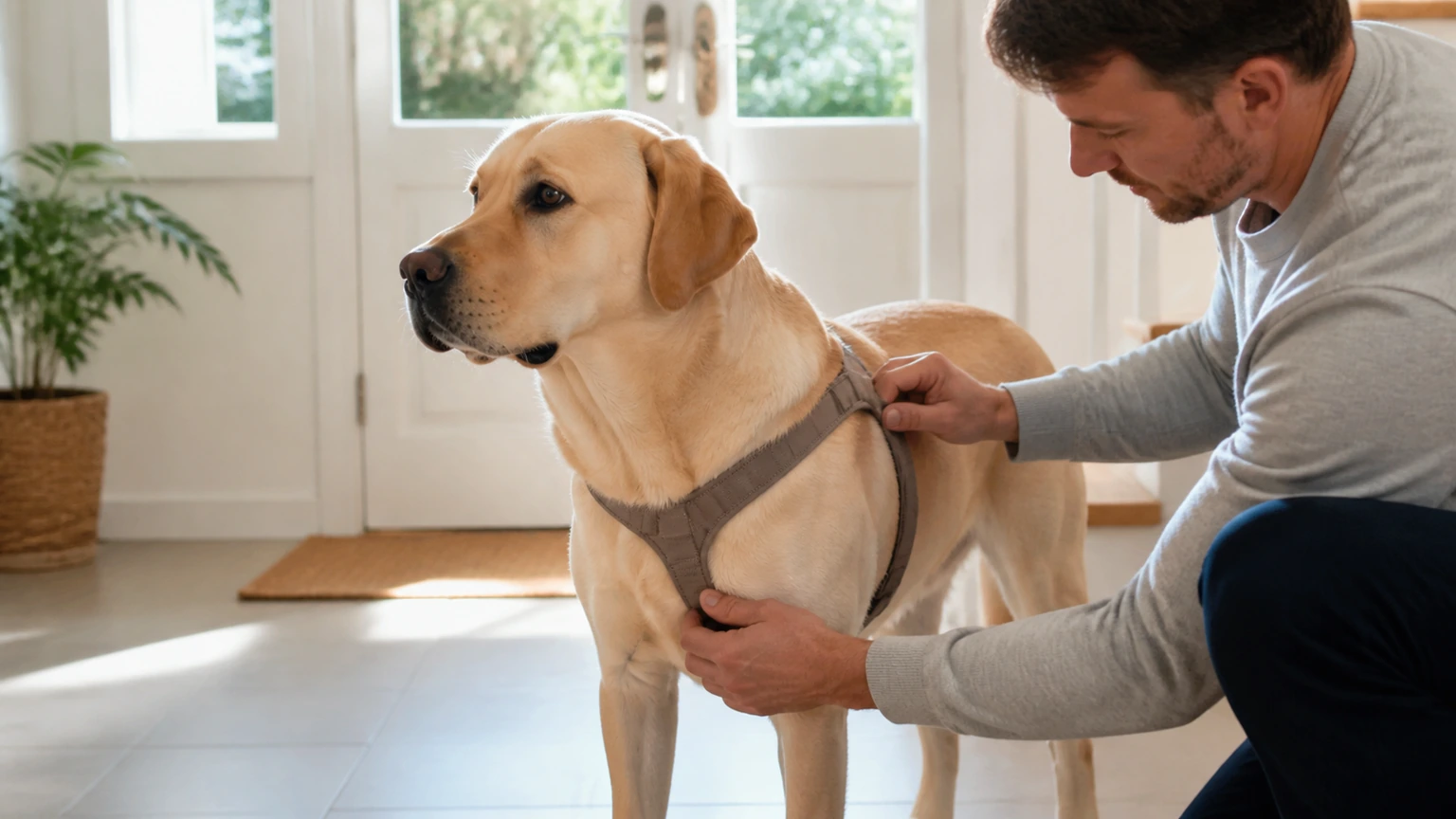 humain ajustant doucement un harnais sobre sur un chien adulte calme dans une entrée lumineuse, vue de trois quarts montrant la zone du thorax et les épaules libres, lumière naturelle, aucun texte, logo, écran, document, panneau, étiquette ou packaging