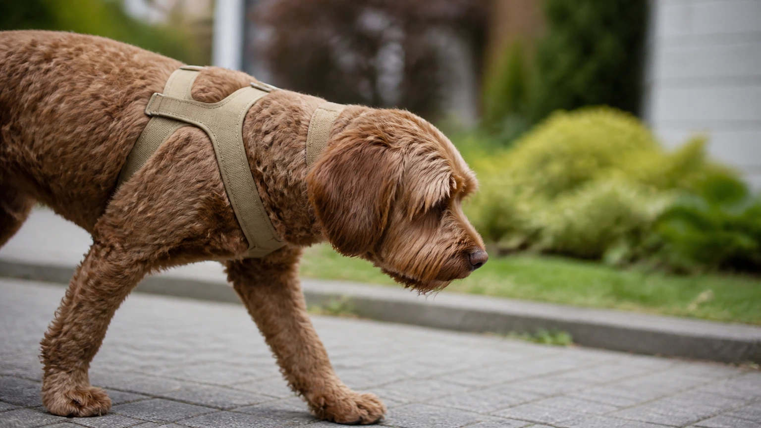 gros plan latéral d’un chien en marche lente sur un trottoir calme, harnais neutre correctement positionné sans marque visible, pattes avant en mouvement naturel, profondeur de champ douce, aucun texte, logo, interface, écran, document, panneau, étiquette ou emballage
