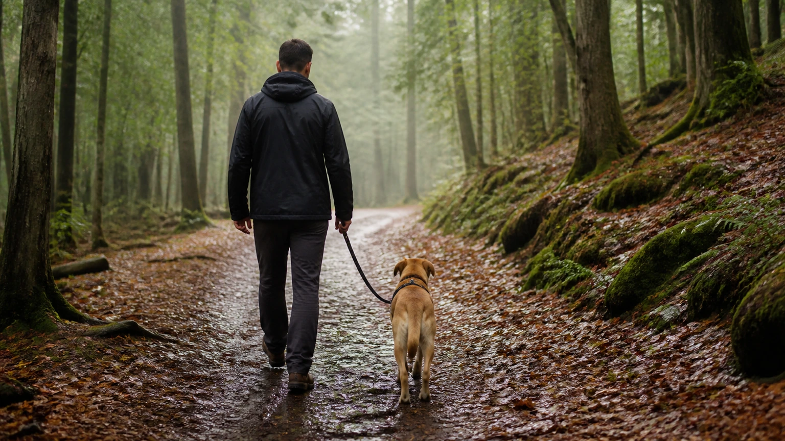 chien et adulte marchant sur un chemin boisé après une pluie légère, laisse souple et posture détendue, cadrage arrière horizontal, lumière filtrée entre les arbres, aucun texte, logo, écran, document, panneau, étiquette, packaging, diagramme ou abstraction