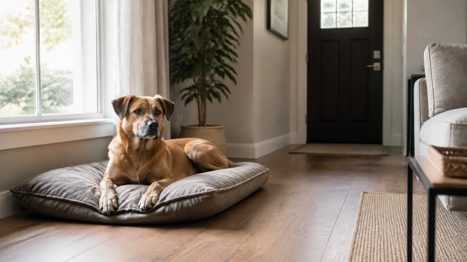 chien adulte détendu installé sur son coussin près d’une fenêtre dans un salon ordonné, porte d’entrée fermée en arrière-plan, cadrage large apaisant, lumière douce de milieu de journée, aucun texte, logo, écran, document, panneau, étiquette ou packaging