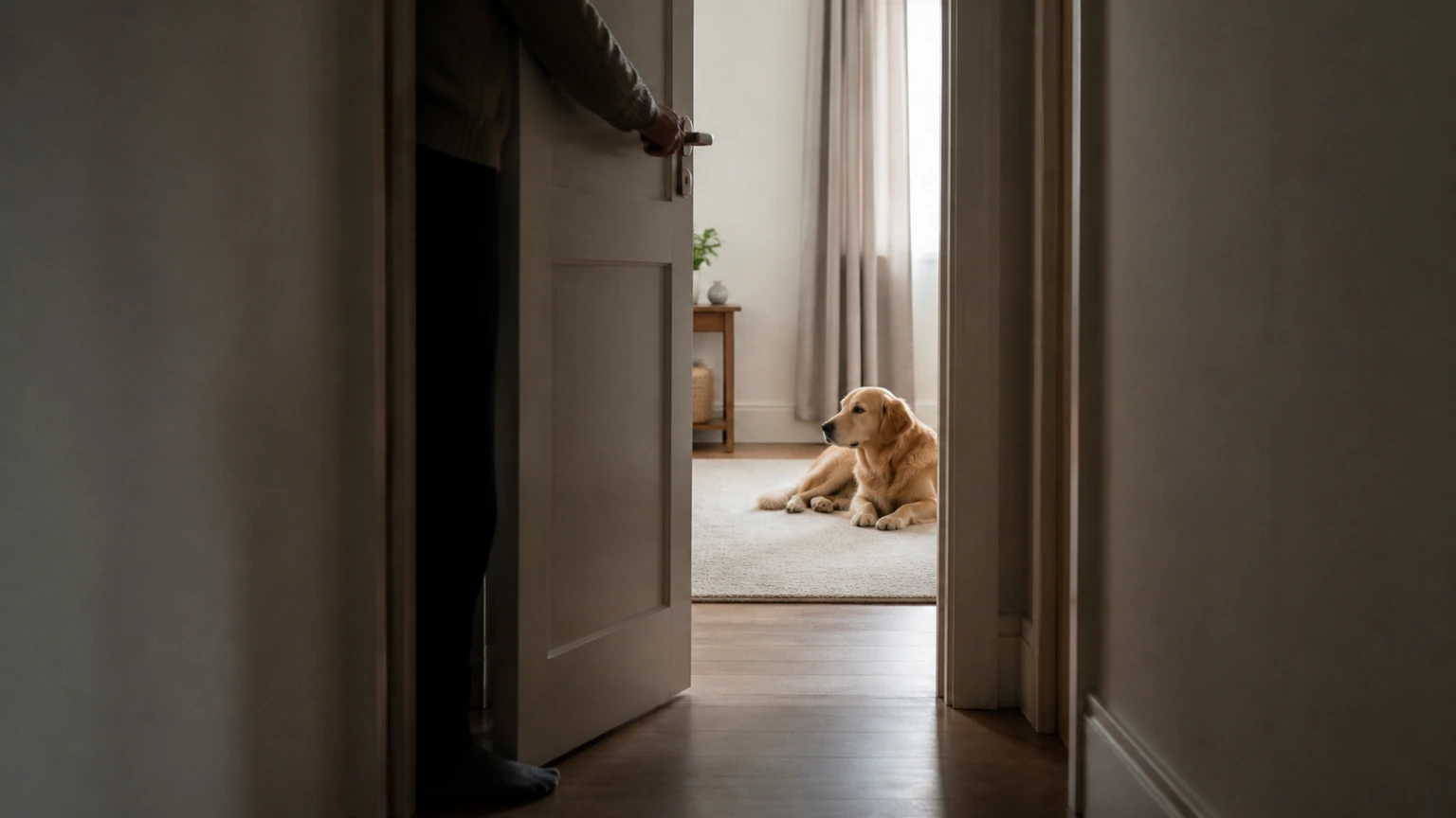 vue depuis un couloir domestique, humain entrouvrant une porte tandis que son chien reste paisiblement sur un tapis dans la pièce voisine, cadrage discret, lumière naturelle, aucun texte, logo, interface, écran, document, panneau, étiquette ou emballage