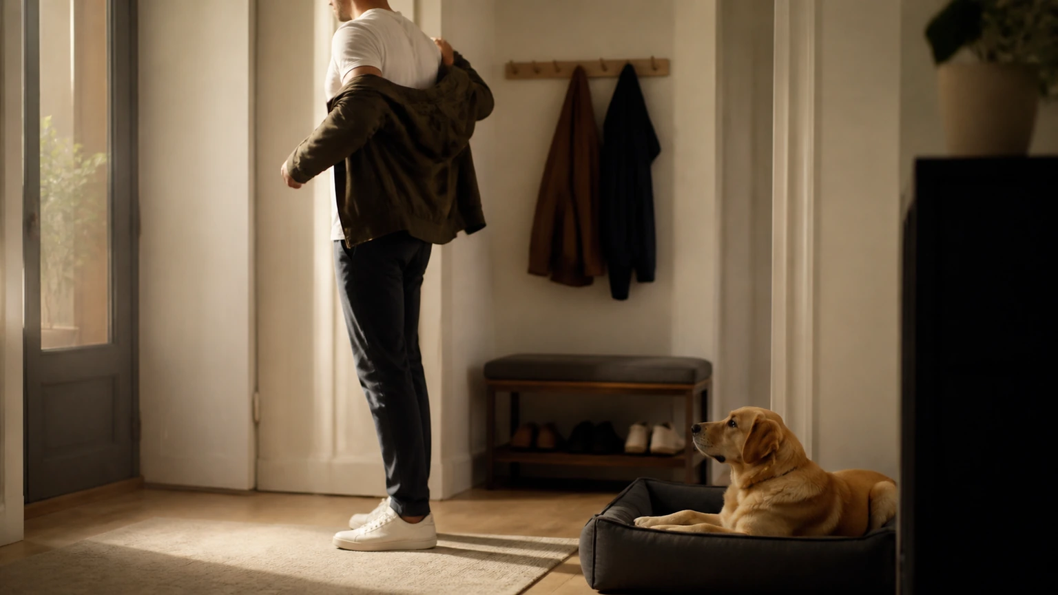 entrée d’appartement sobre, personne enfilant calmement une veste pendant qu’un chien observe sans agitation depuis son couchage, cadrage horizontal de trois quarts, lumière de fin de journée, aucun texte, logo, écran, document, panneau, étiquette, packaging, diagramme ou abstraction