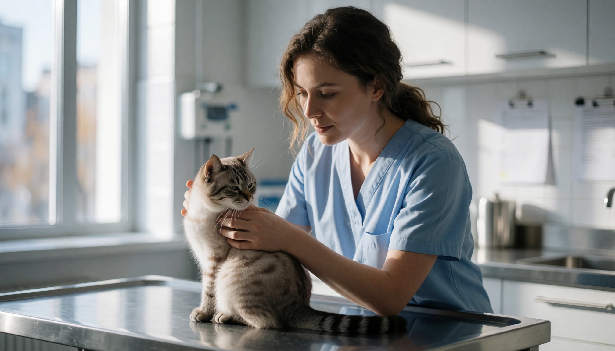Chat adulte examine calmement par un veterinaire dans une salle de consultation sobre, humain present a proximite, lumiere naturelle douce, aucun texte, logo, ecran, document, panneau, etiquette ou packaging
