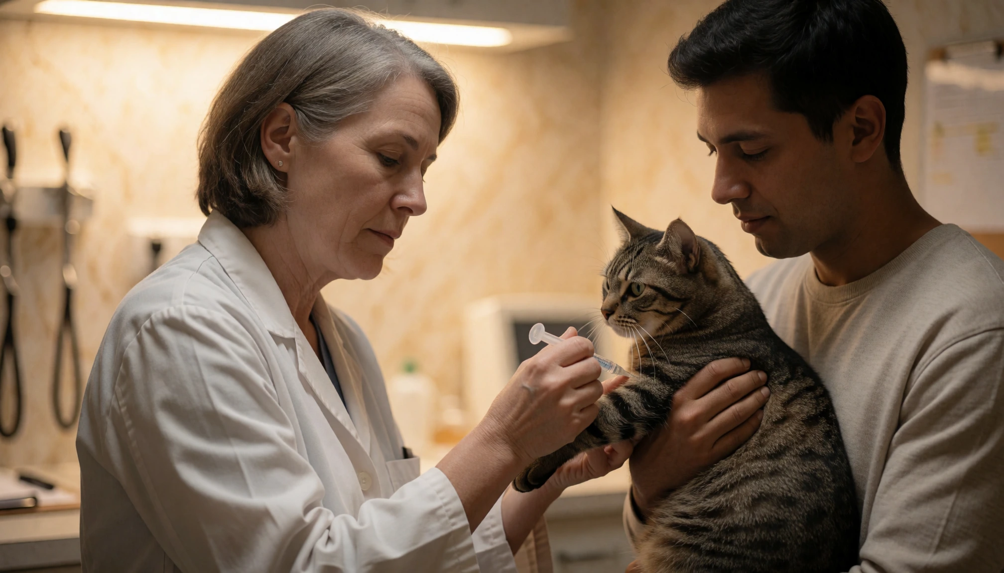 Consultation veterinaire preventive dans une clinique lumineuse, echange attentif entre le praticien et le proprietaire, plan moyen lateral, materiel clinique neutre sans marque, aucun texte, logo, ecran ou emballage
