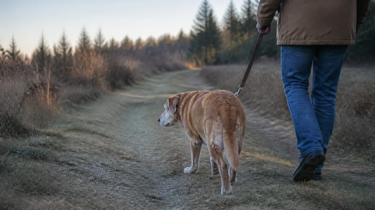 chien senior marchant lentement avec son humain sur un chemin herbeux sec au petit matin, vue de trois quarts arrière à hauteur du chien, laisse souple, mouvement naturel, lumière fraîche, aucun texte, logo, écran, document, panneau, étiquette ou packaging