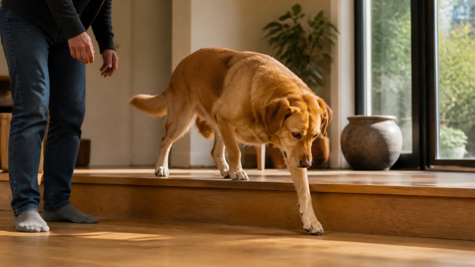 chien de taille moyenne qui descend prudemment une seule marche large dans une maison lumineuse, humain attentif à proximité sans le toucher, cadrage bas latéral montrant le mouvement, lumière naturelle de midi, aucun texte, logo, UI, écran, document, panneau, étiquette ou emballage