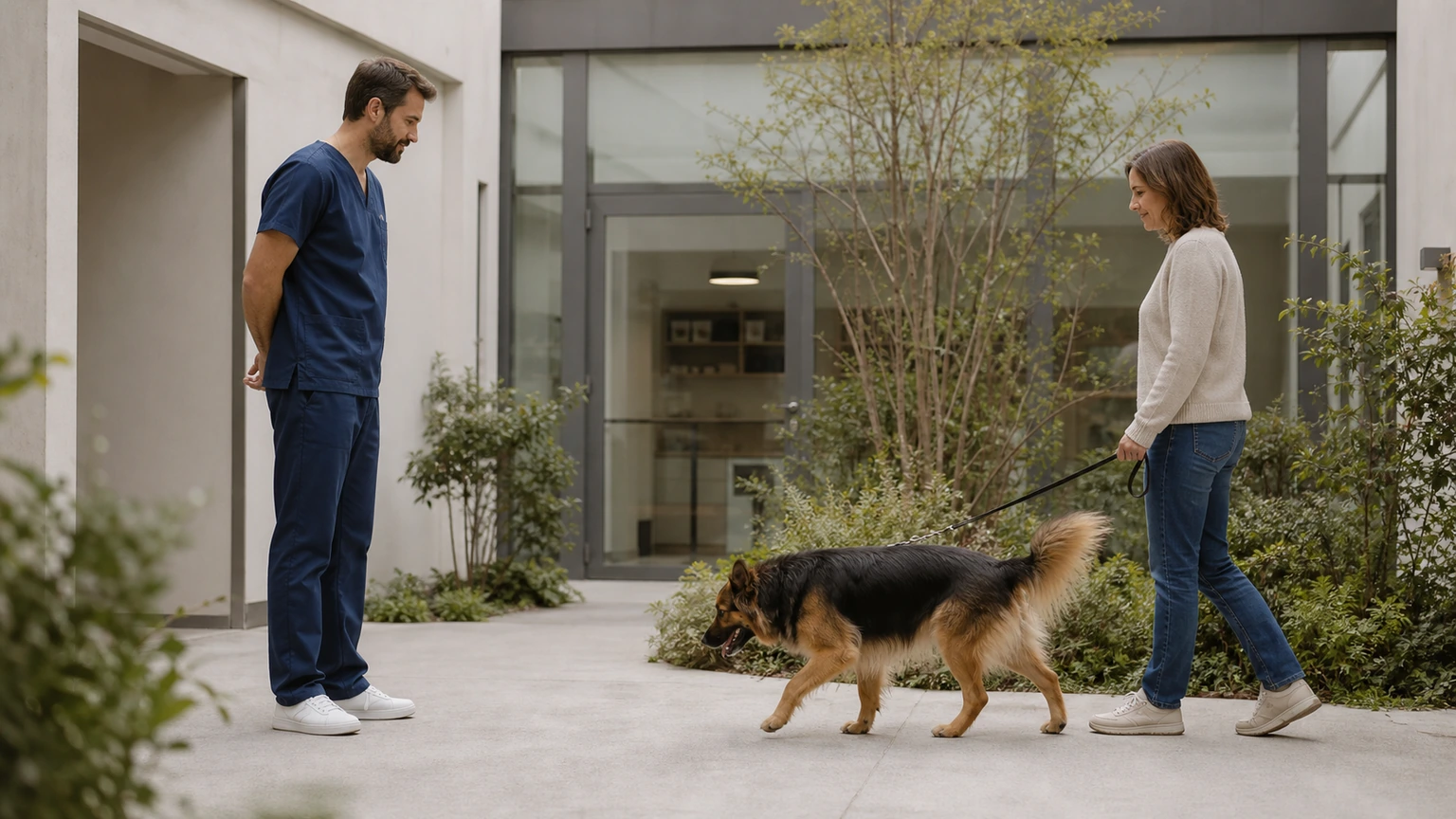 vétérinaire examinant avec douceur la démarche d’un chien dans une cour de clinique sobre, humain présent à côté, vue large, pas de gestes invasifs, lumière diffuse, aucun texte, logo, écran, document, panneau, étiquette, packaging, diagramme ou abstraction