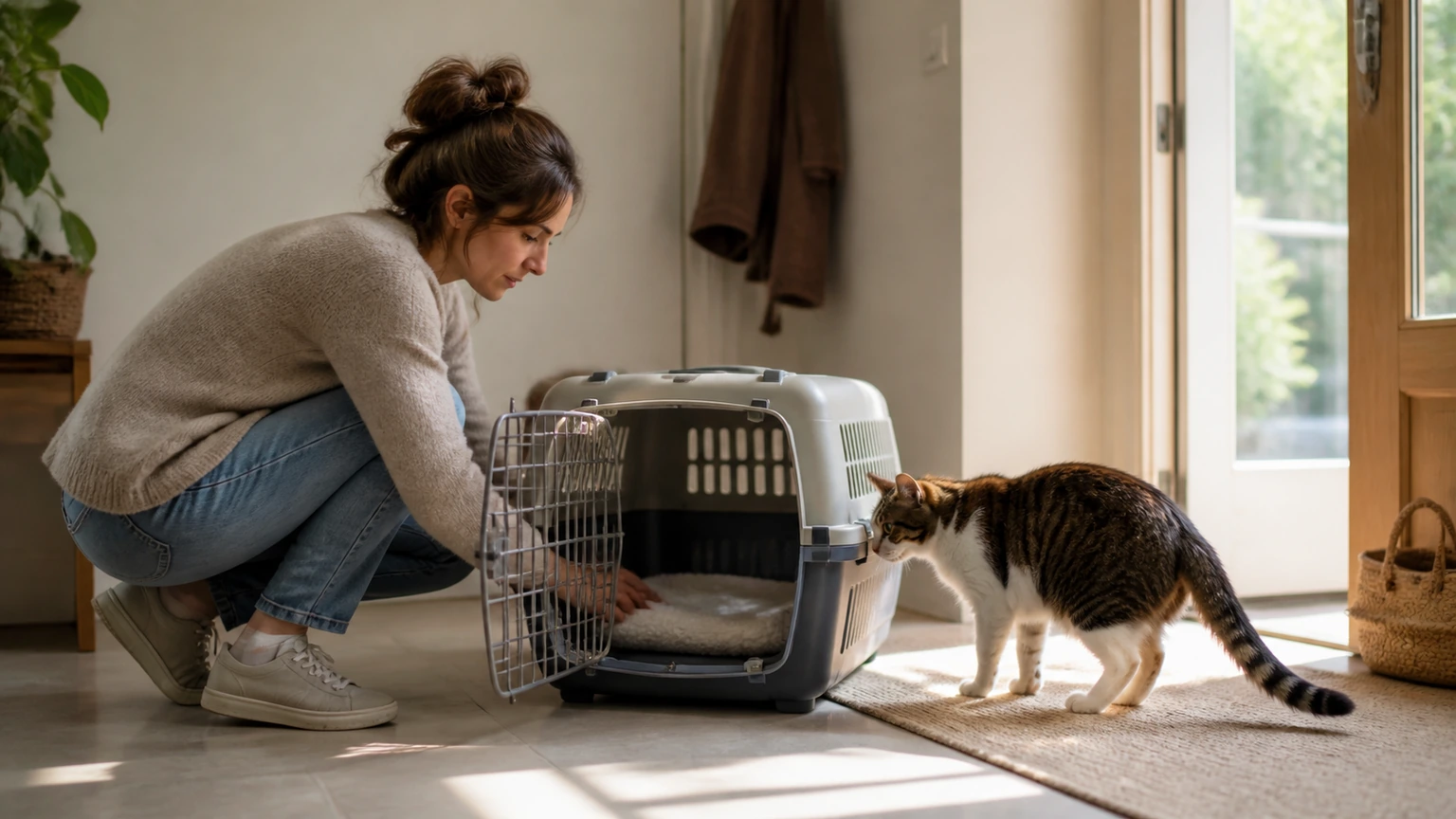 humain préparant calmement une caisse de transport ouverte dans une entrée lumineuse pendant que son chat curieux s’approche, cadrage horizontal naturel, lumière douce du matin, aucun texte, logo, écran, document, panneau, étiquette ou packaging