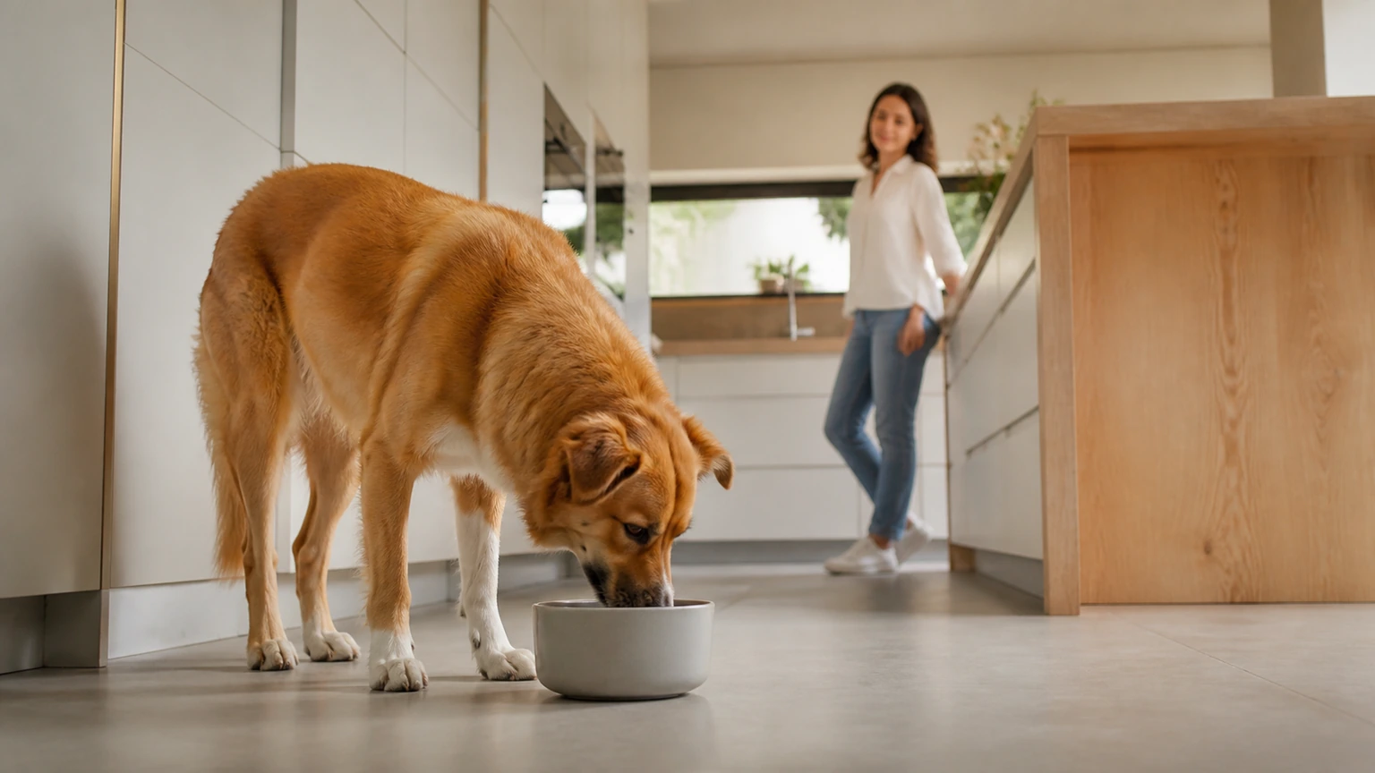 chien adulte buvant dans son bol d’eau dans une cuisine claire tandis que son humain l’observe discrètement depuis l’arrière-plan, plan moyen latéral, scène quotidienne précise, aucun texte, logo, interface, écran, document, panneau, étiquette ou emballage