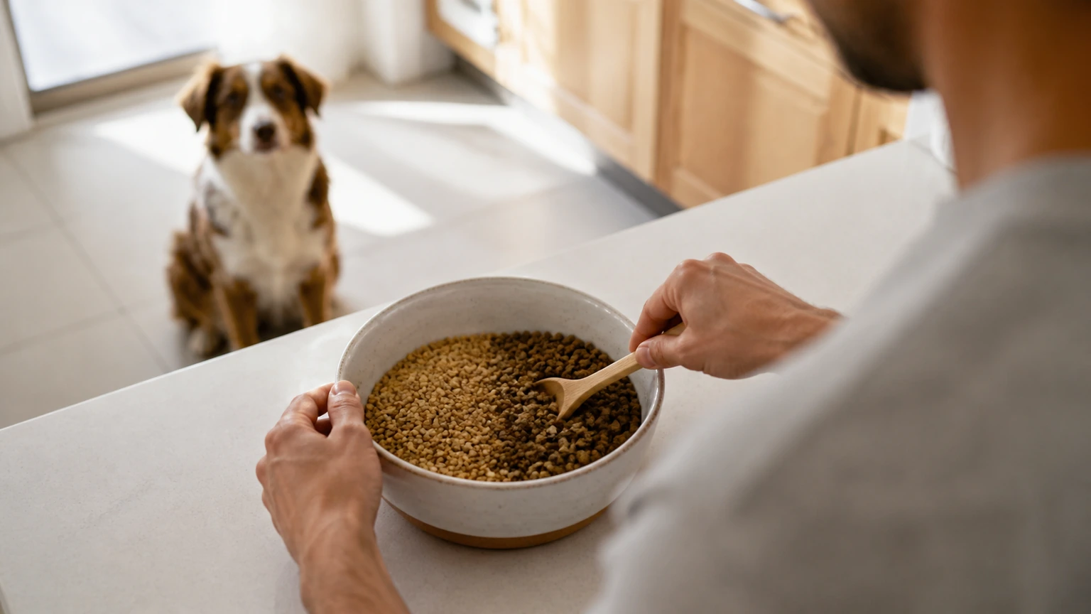 cuisine domestique claire, humain versant avec précision deux aliments secs non identifiables dans une même gamelle tandis qu’un chien adulte attend calmement à distance, cadrage au-dessus de l’épaule, lumière du matin, aucun texte, logo, écran, document, panneau, étiquette ou packaging visible