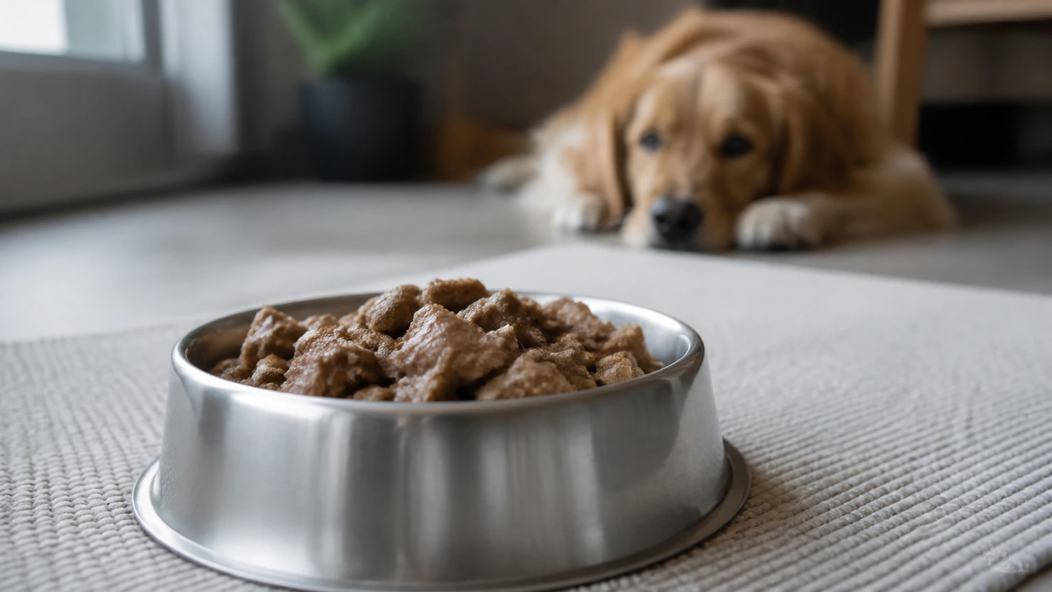 gros plan naturel d’une gamelle en métal posée sur un tapis neutre avec un mélange discret de deux textures alimentaires sans emballage, chien flou à l’arrière-plan, lumière douce de fenêtre, scène réaliste et non publicitaire, aucun texte, logo, interface, écran, panneau ou étiquette