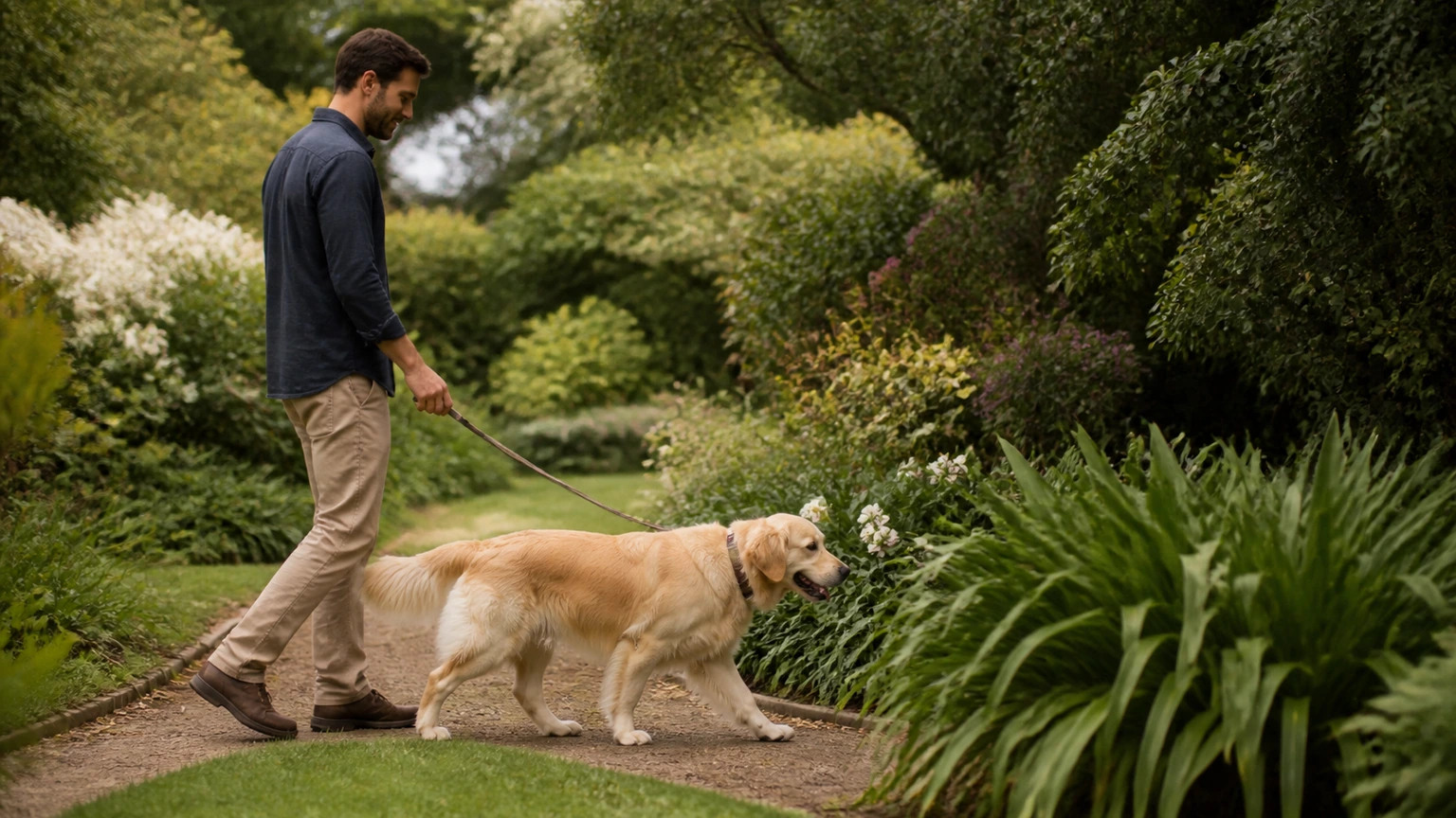 chien en promenade lente avec son humain dans un jardin après le repas, profil du chien alerte et détendu, cadrage horizontal large, lumière nuageuse douce, aucun texte, logo, écran, document, panneau, étiquette, packaging, diagramme ou abstraction