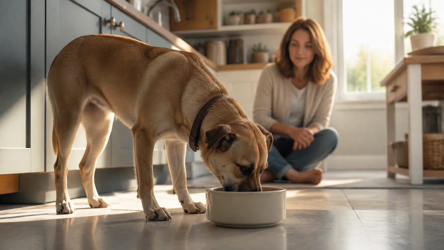 chien adulte de taille moyenne observé de profil près de sa gamelle en céramique dans une cuisine lumineuse du matin, propriétaire assis à quelques pas qui note mentalement son comportement sans tenir de papier, ambiance calme, lumière naturelle douce, aucun texte, logo, écran, document, panneau, étiquette ou packaging
