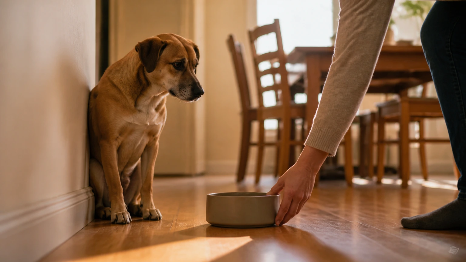 vue à hauteur du sol dans un salon familial, chien attentif qui attend tranquillement avant son repas tandis qu’une personne replace une gamelle propre près d’un mur, cadrage latéral, lumière de fin d’après-midi, scène domestique précise, aucun texte, logo, interface, écran, document, panneau, étiquette ou emballage