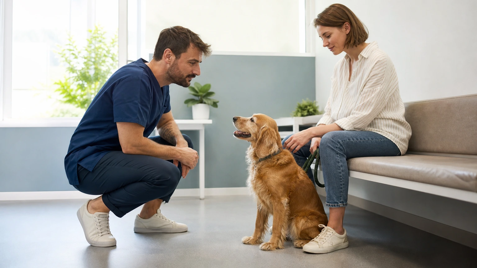 consultation vétérinaire prudente dans une salle sobre, vétérinaire accroupi qui observe un chien calme accompagné de son humain, cadrage large, lumière de jour par fenêtre, interaction naturelle et rassurante, aucun texte, logo, écran, document, panneau, étiquette, packaging, diagramme ou abstraction